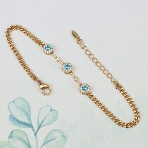 "Rose Gold Blue Halo CZ Bracelet with Chain Links, Elegant Sparkle, XPBL0747